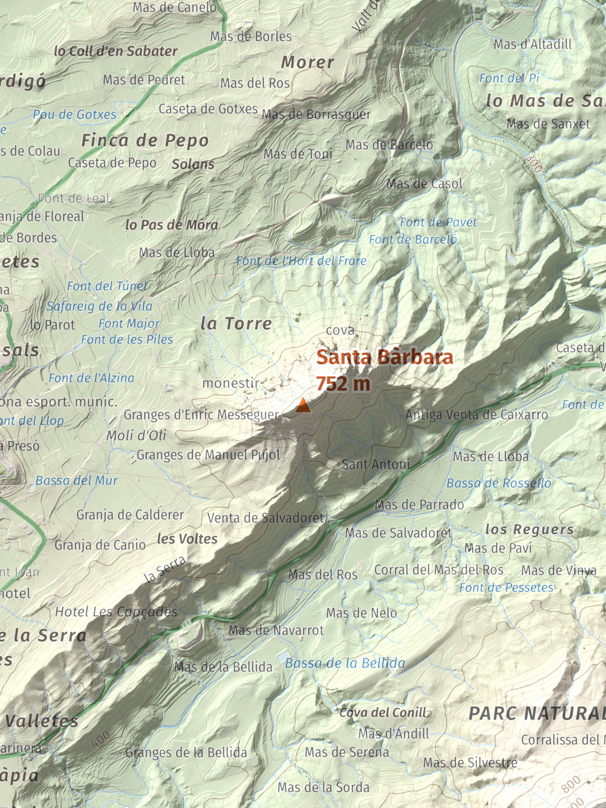 Mapa de relieve de Santa Bàrbara, 752 m, Terra Alta, lámina 100 Cims de Trobart. Detalle de la zona central. 30 × 40 cm.