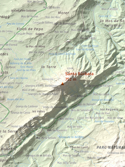Mapa de relieve de Santa Bàrbara, 752 m, Terra Alta, lámina 100 Cims de Trobart. Detalle de la zona central. 30 × 40 cm.