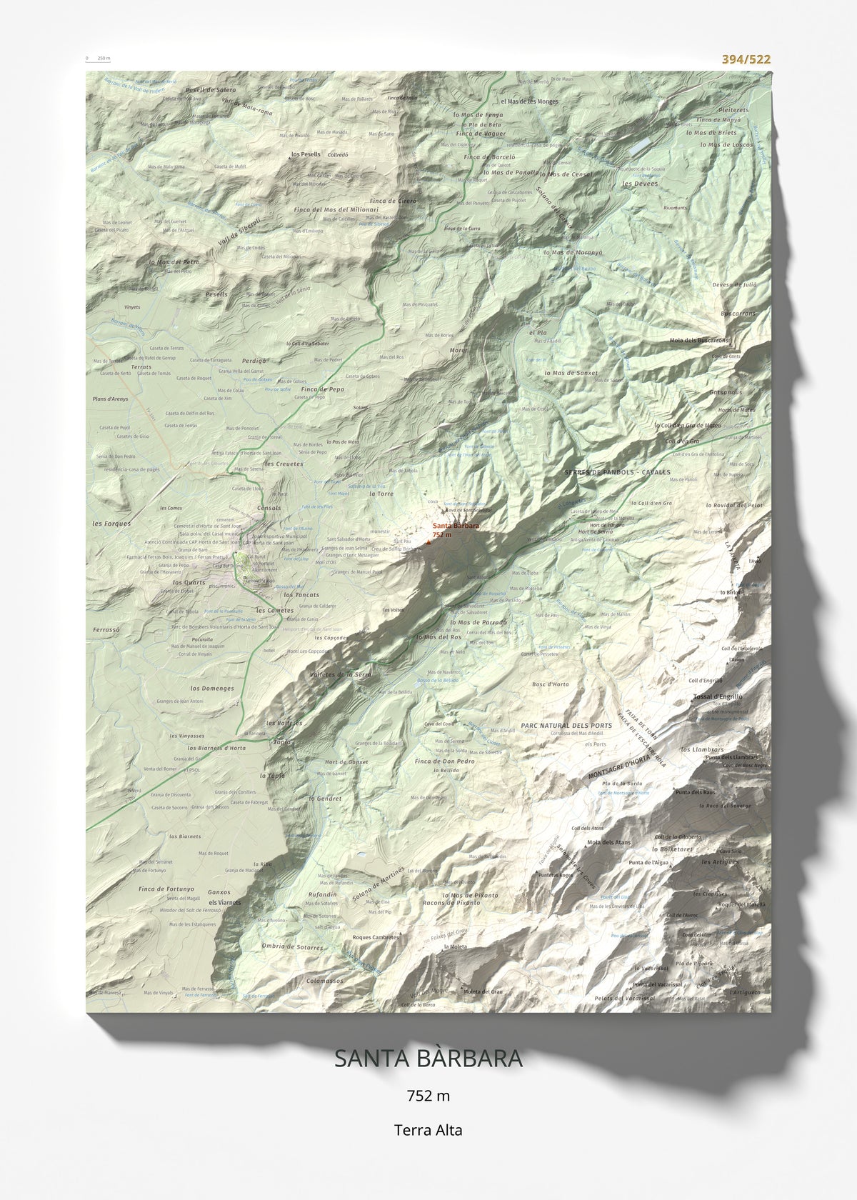Mapa de relieve de Santa Bàrbara, 752 m, Terra Alta, lámina 100 Cims de Trobart 50 × 70 cm.