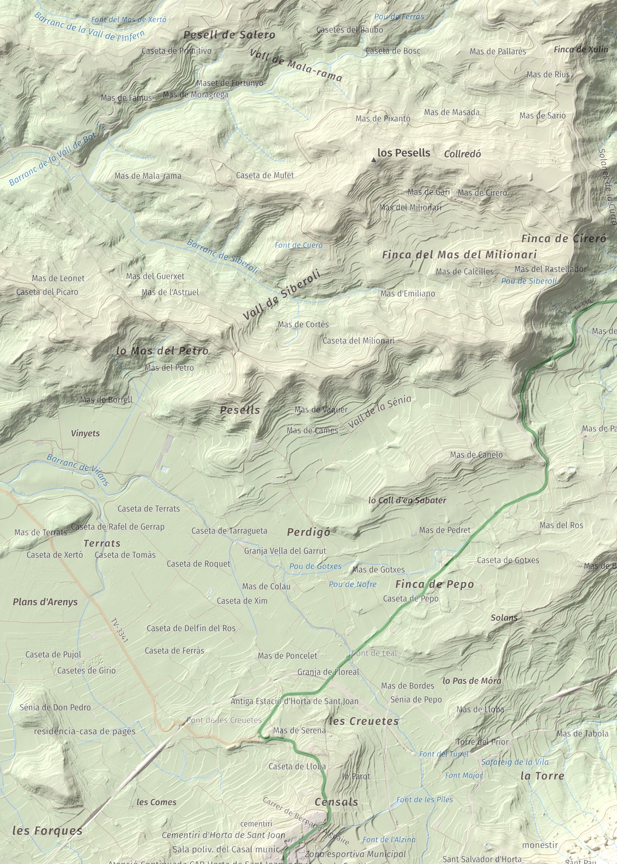 Mapa de relieve de Santa Bàrbara, 752 m, Terra Alta, lámina 100 Cims de Trobart. Detalle de la zona superior izquierda. 50 × 70 cm.