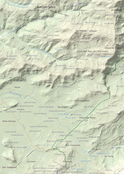Mapa de relieve de Santa Bàrbara, 752 m, Terra Alta, lámina 100 Cims de Trobart. Detalle de la zona superior izquierda. 50 × 70 cm.