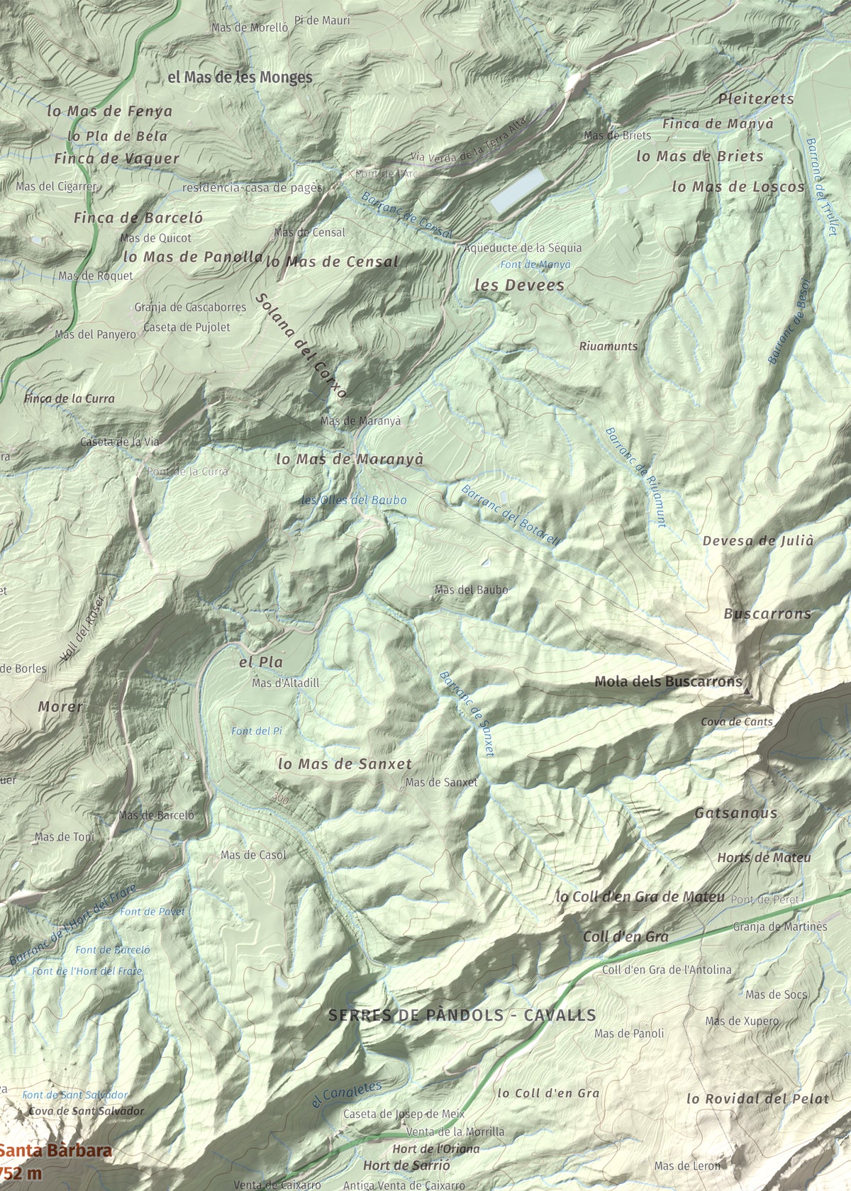 Mapa de relieve de Santa Bàrbara, 752 m, Terra Alta, lámina 100 Cims de Trobart. Detalle de la zona superior derecha. 50 × 70 cm.