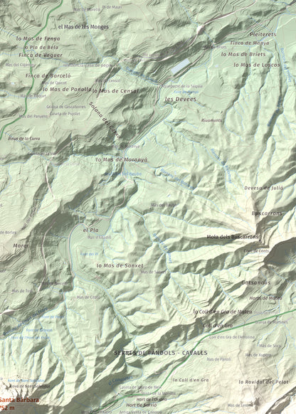 Mapa de relieve de Santa Bàrbara, 752 m, Terra Alta, lámina 100 Cims de Trobart. Detalle de la zona superior derecha. 50 × 70 cm.