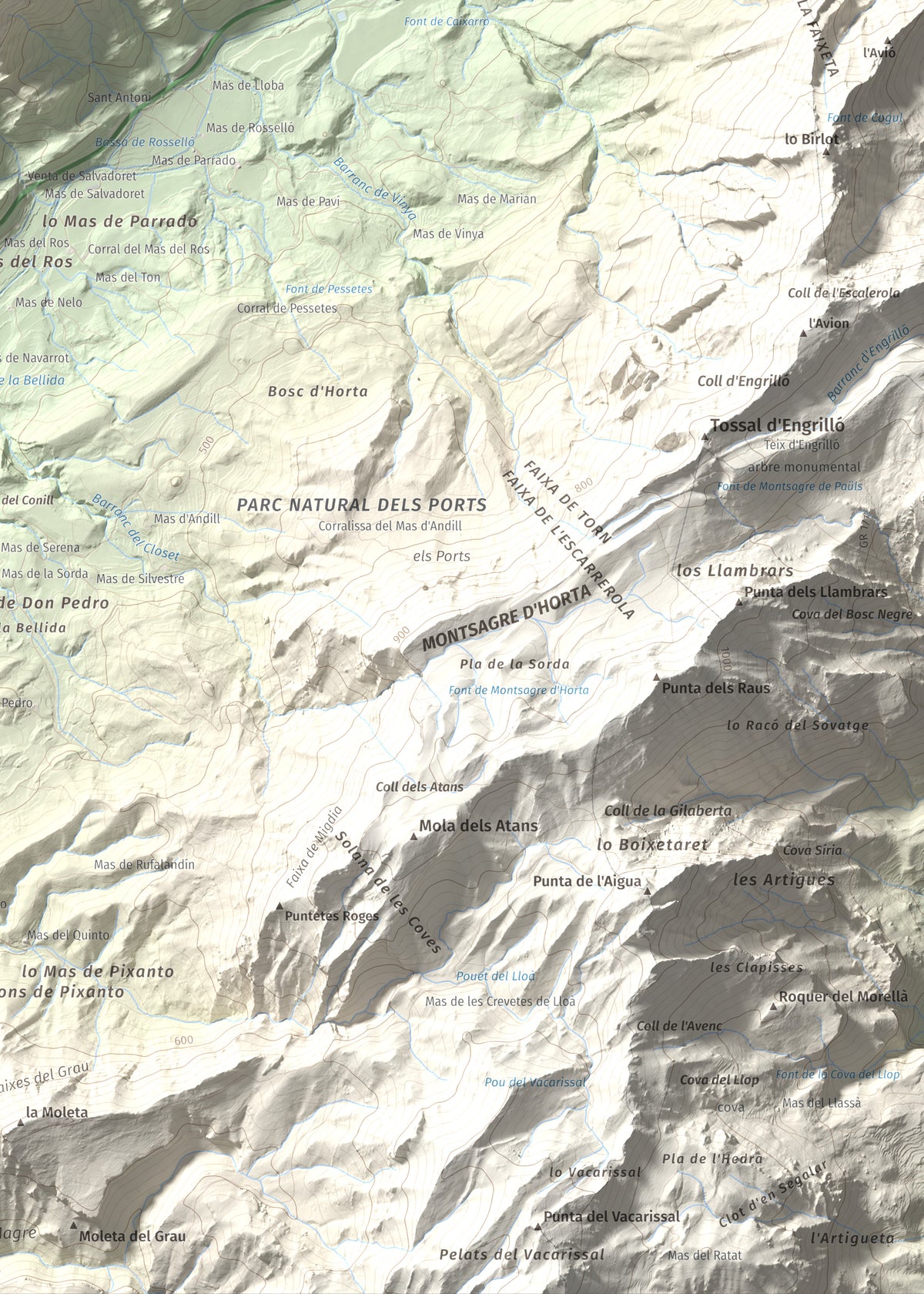 Mapa de relieve de Santa Bàrbara, 752 m, Terra Alta, lámina 100 Cims de Trobart. Detalle de la zona inferior derecha. 50 × 70 cm.