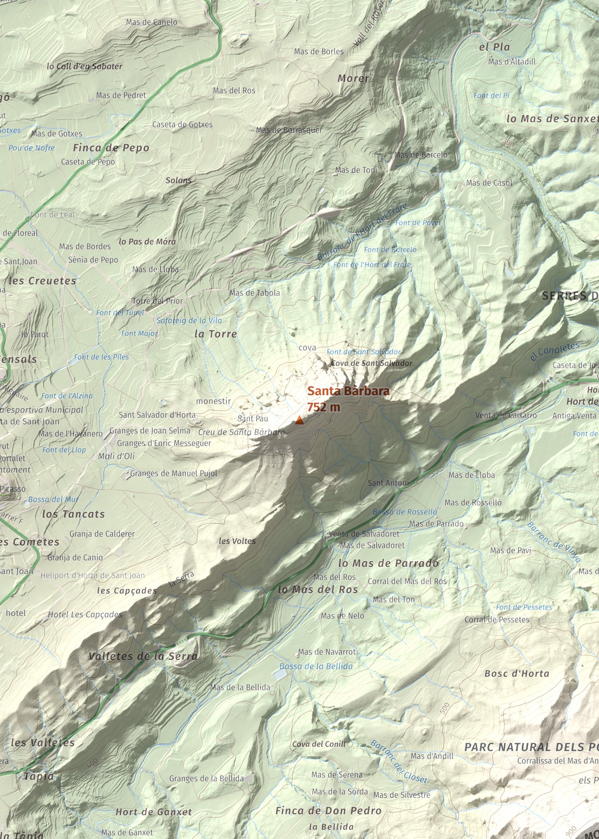 Mapa de relieve de Santa Bàrbara, 752 m, Terra Alta, lámina 100 Cims de Trobart. Detalle de la zona central. 50 × 70 cm.
