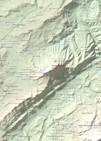 Mapa de relieve de Santa Bàrbara, 752 m, Terra Alta, lámina 100 Cims de Trobart. Detalle de la zona central. 50 × 70 cm.