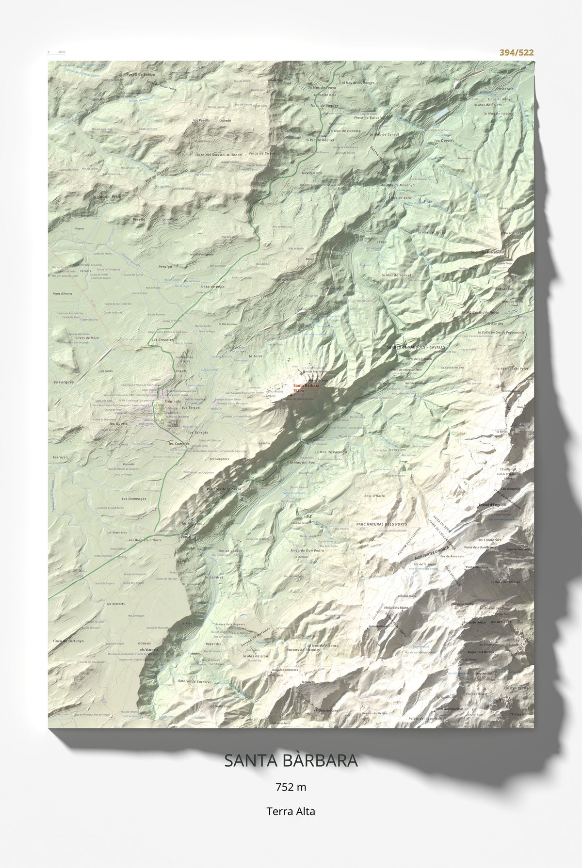 Mapa de relieve de Santa Bàrbara, 752 m, Terra Alta, lámina 100 Cims de Trobart 61 × 91 cm.