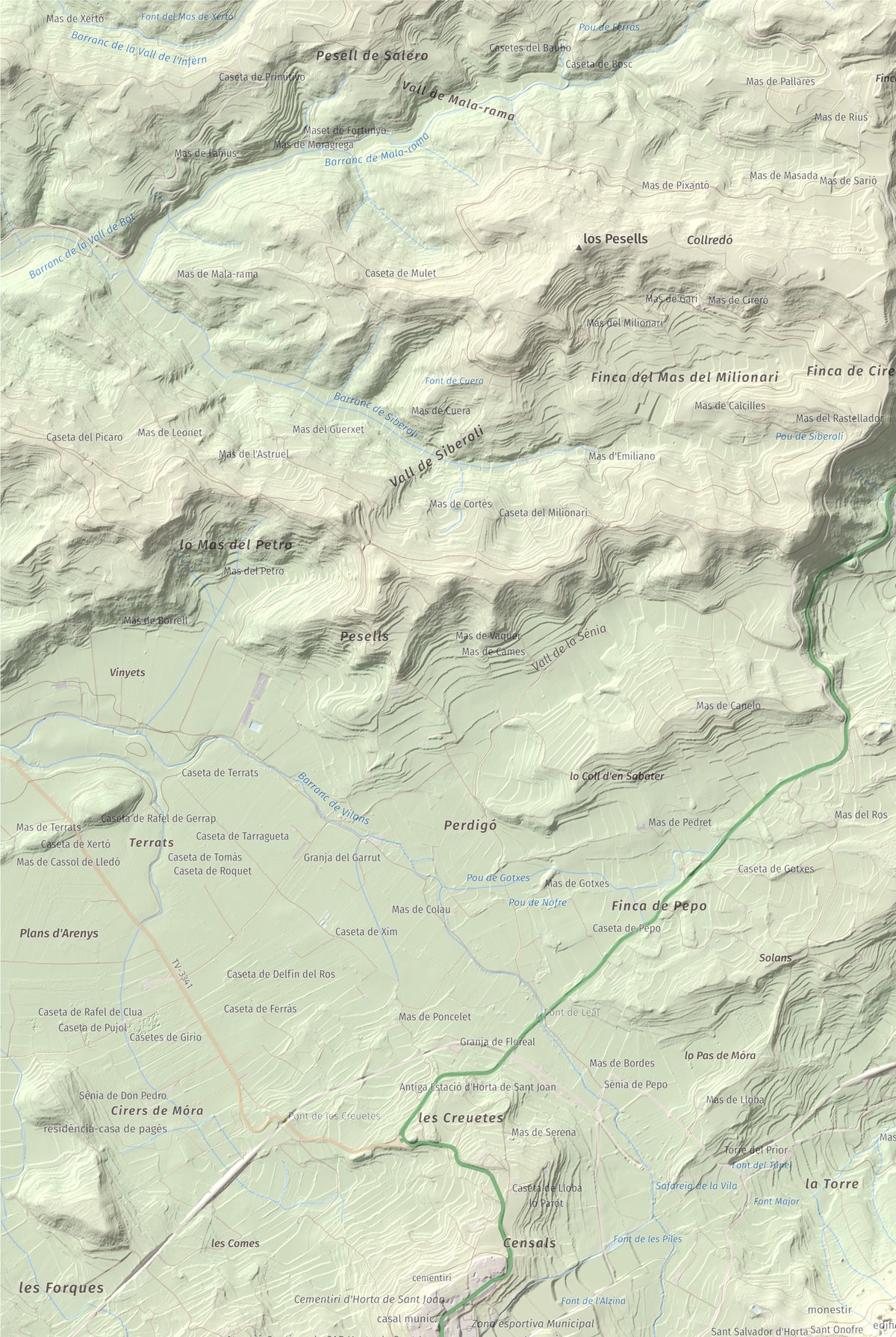 Mapa de relieve de Santa Bàrbara, 752 m, Terra Alta, lámina 100 Cims de Trobart. Detalle de la zona superior izquierda. 61 × 91 cm.