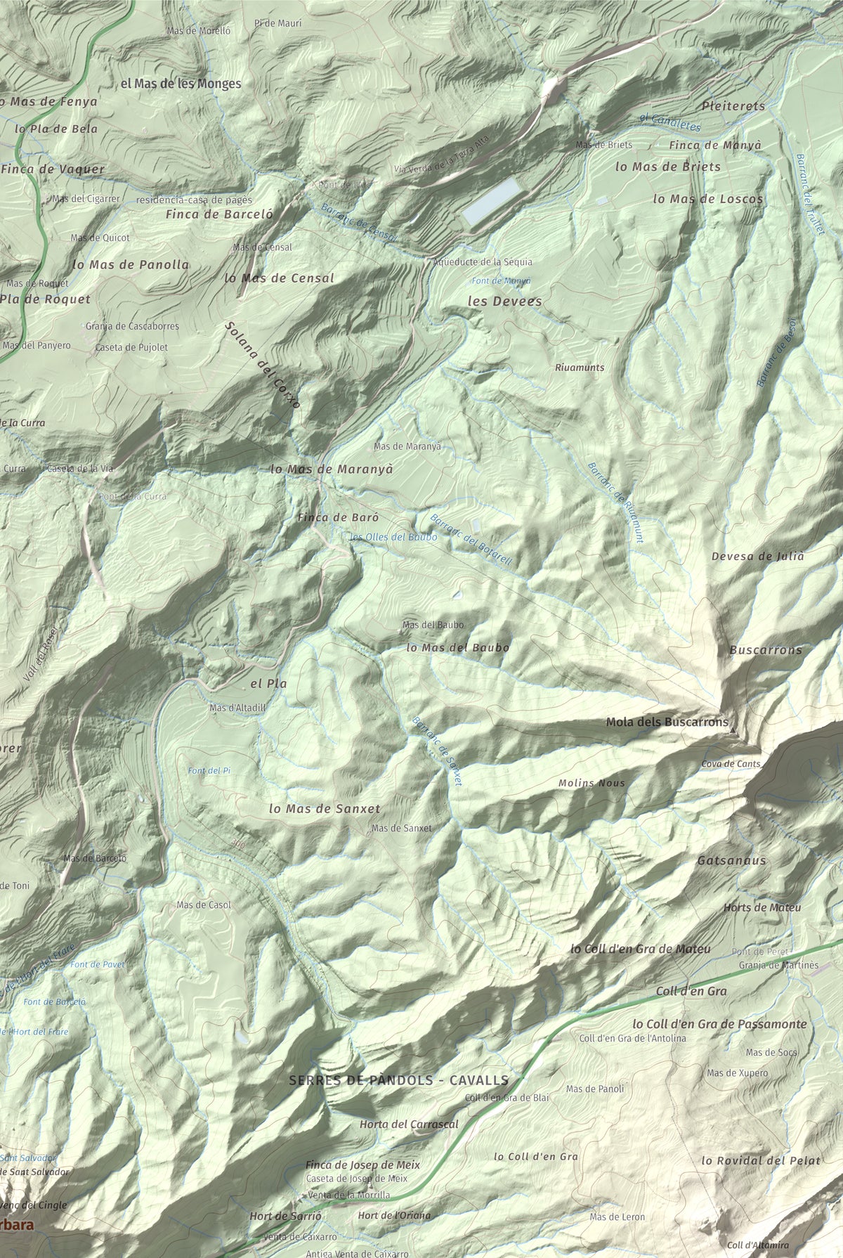 Mapa de relieve de Santa Bàrbara, 752 m, Terra Alta, lámina 100 Cims de Trobart. Detalle de la zona superior derecha. 61 × 91 cm.