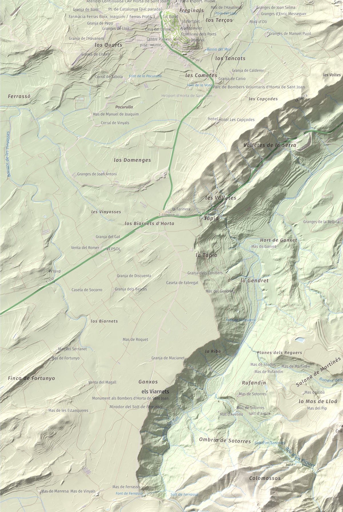 Mapa de relieve de Santa Bàrbara, 752 m, Terra Alta, lámina 100 Cims de Trobart. Detalle de la zona inferior izquierda. 61 × 91 cm.