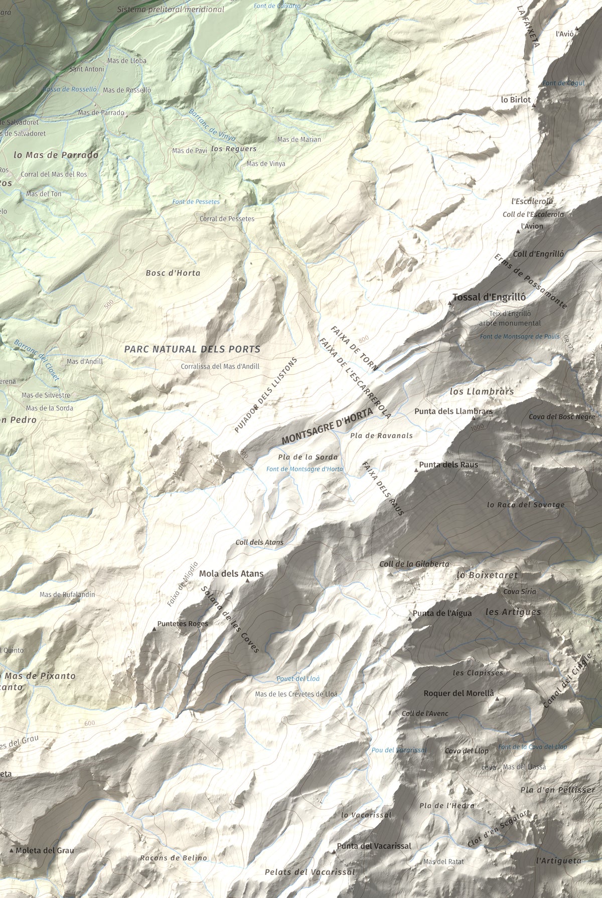Mapa de relieve de Santa Bàrbara, 752 m, Terra Alta, lámina 100 Cims de Trobart. Detalle de la zona inferior derecha. 61 × 91 cm.