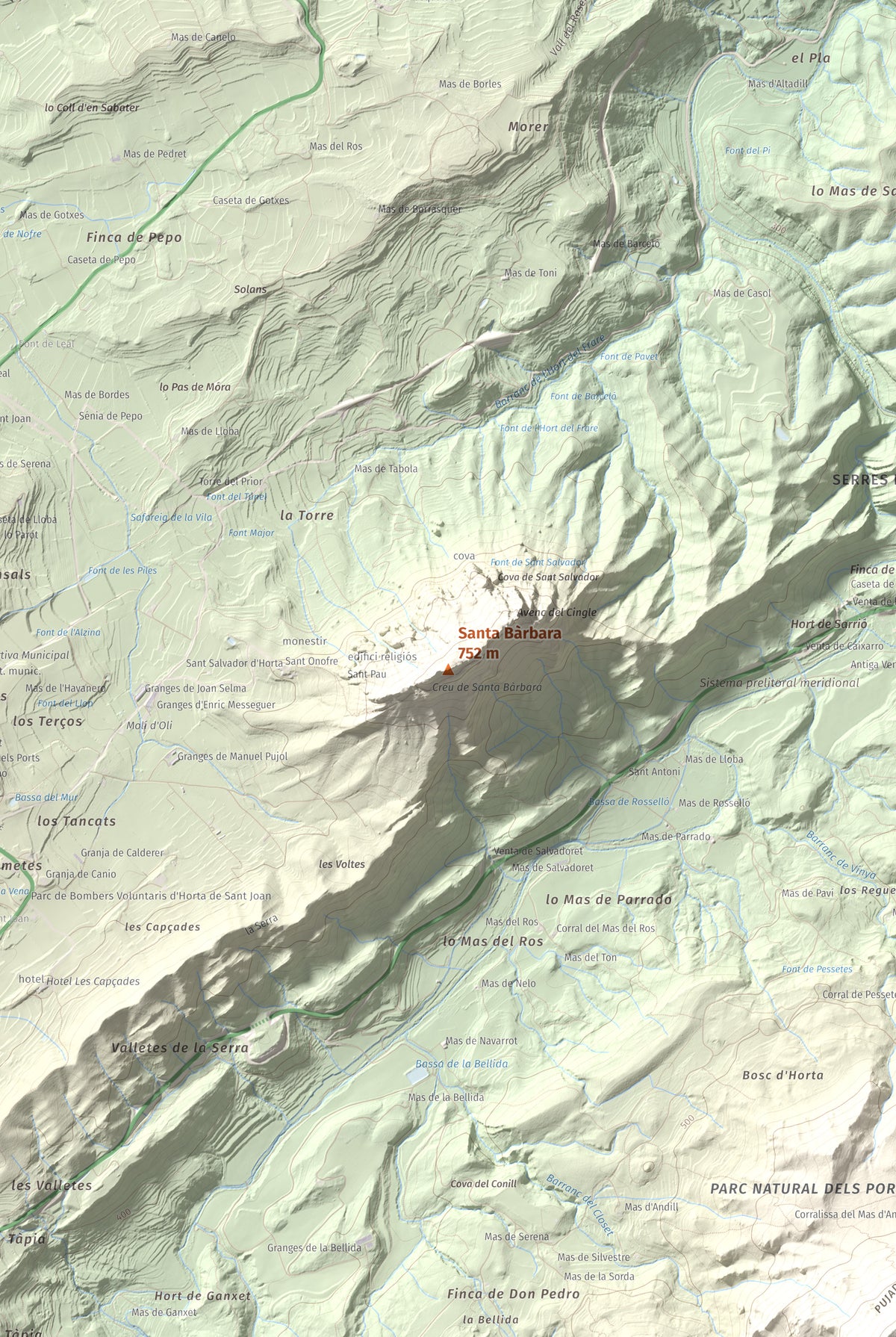 Mapa de relieve de Santa Bàrbara, 752 m, Terra Alta, lámina 100 Cims de Trobart. Detalle de la zona central. 61 × 91 cm.