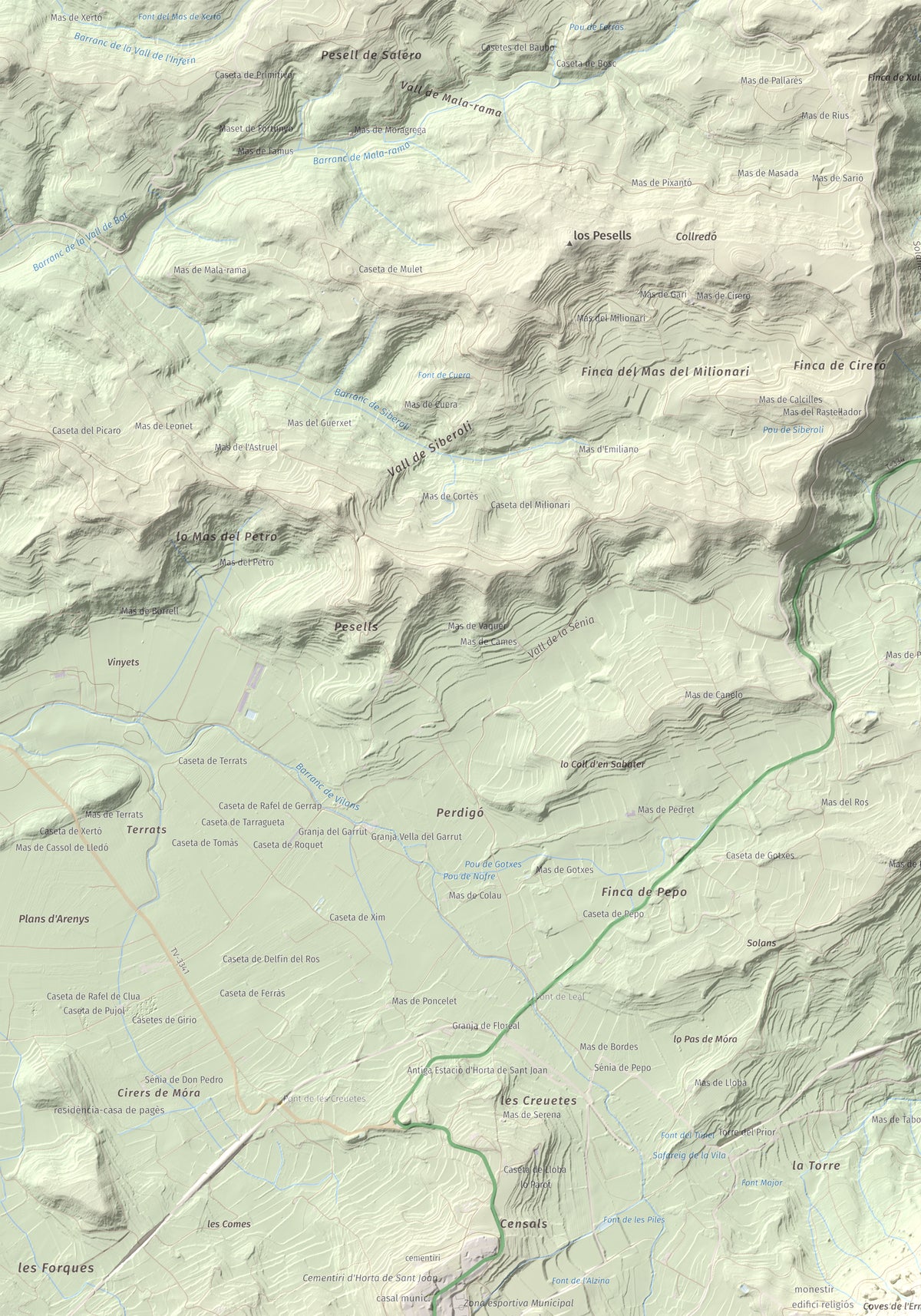 Mapa de relieve de Santa Bàrbara, 752 m, Terra Alta, lámina 100 Cims de Trobart. Detalle de la zona superior izquierda. 70 × 100 cm.