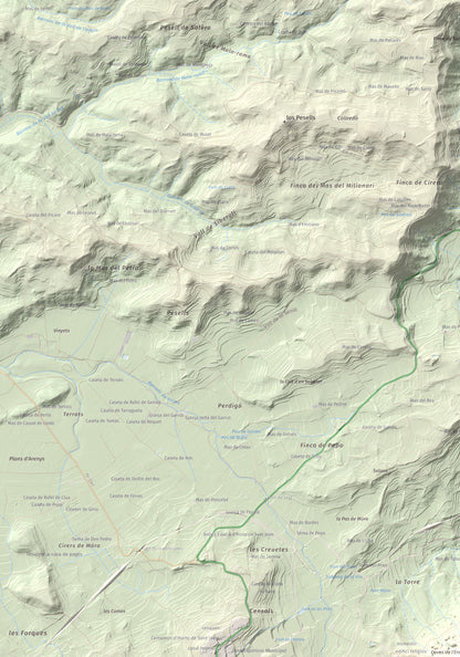 Mapa de relieve de Santa Bàrbara, 752 m, Terra Alta, lámina 100 Cims de Trobart. Detalle de la zona superior izquierda. 70 × 100 cm.