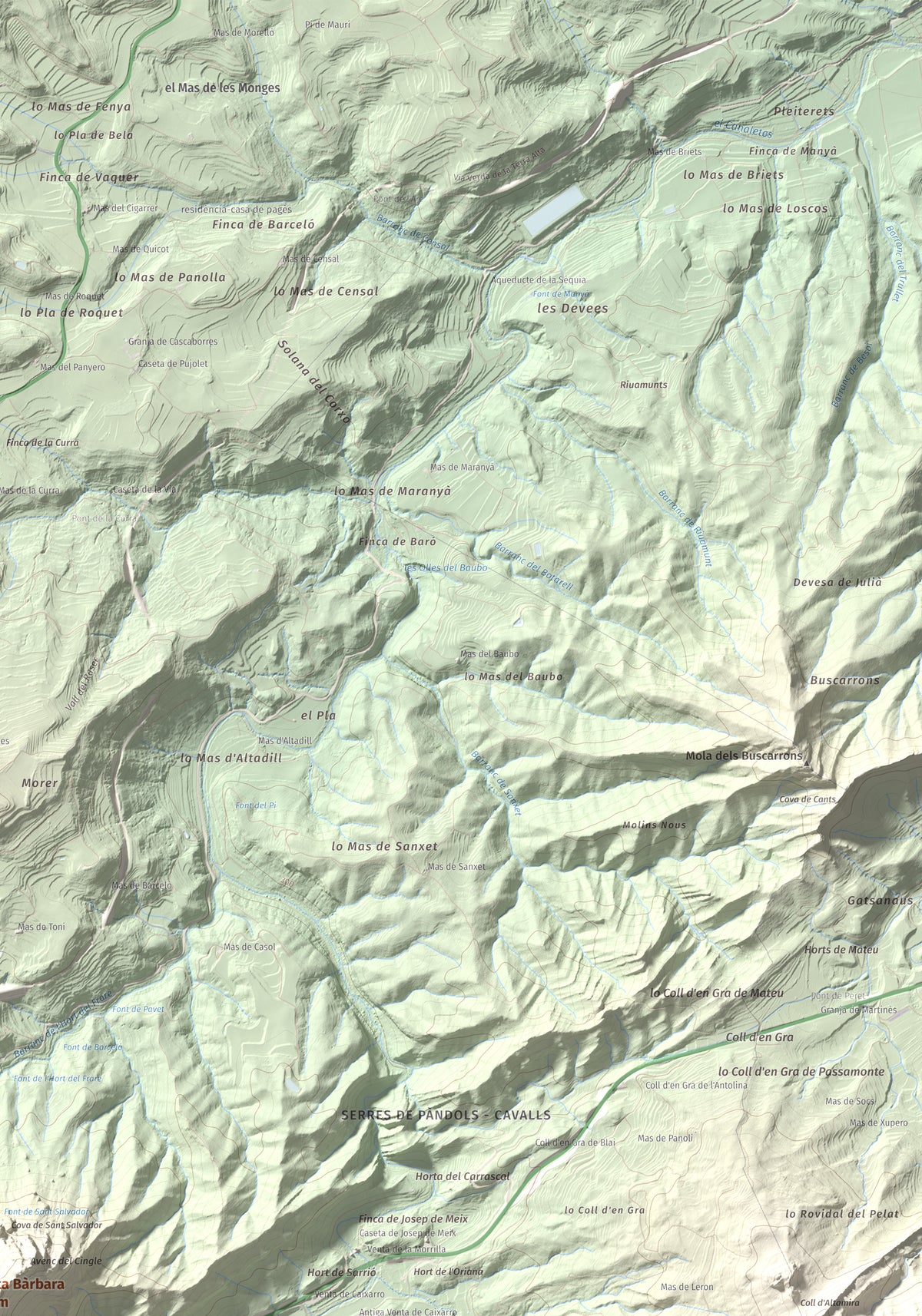 Mapa de relieve de Santa Bàrbara, 752 m, Terra Alta, lámina 100 Cims de Trobart. Detalle de la zona superior derecha. 70 × 100 cm.