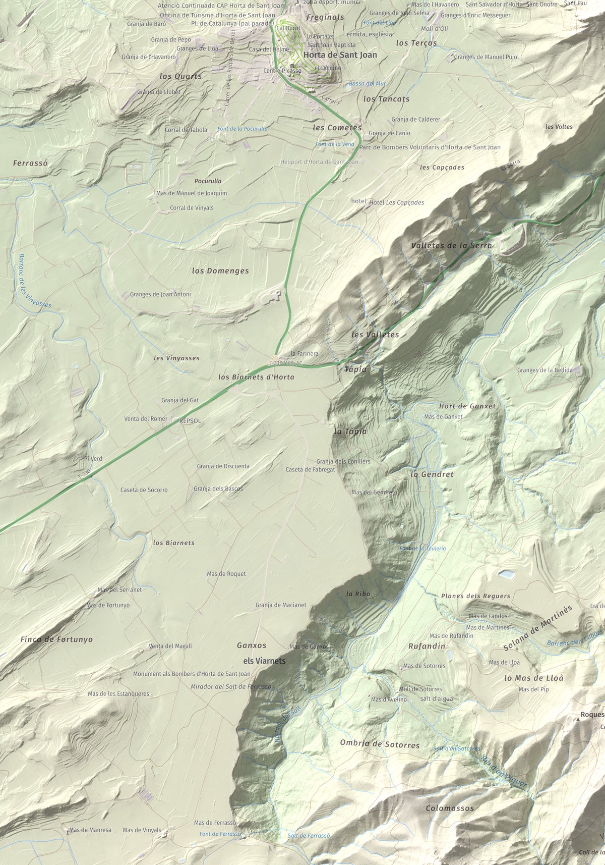 Mapa de relieve de Santa Bàrbara, 752 m, Terra Alta, lámina 100 Cims de Trobart. Detalle de la zona inferior izquierda. 70 × 100 cm.