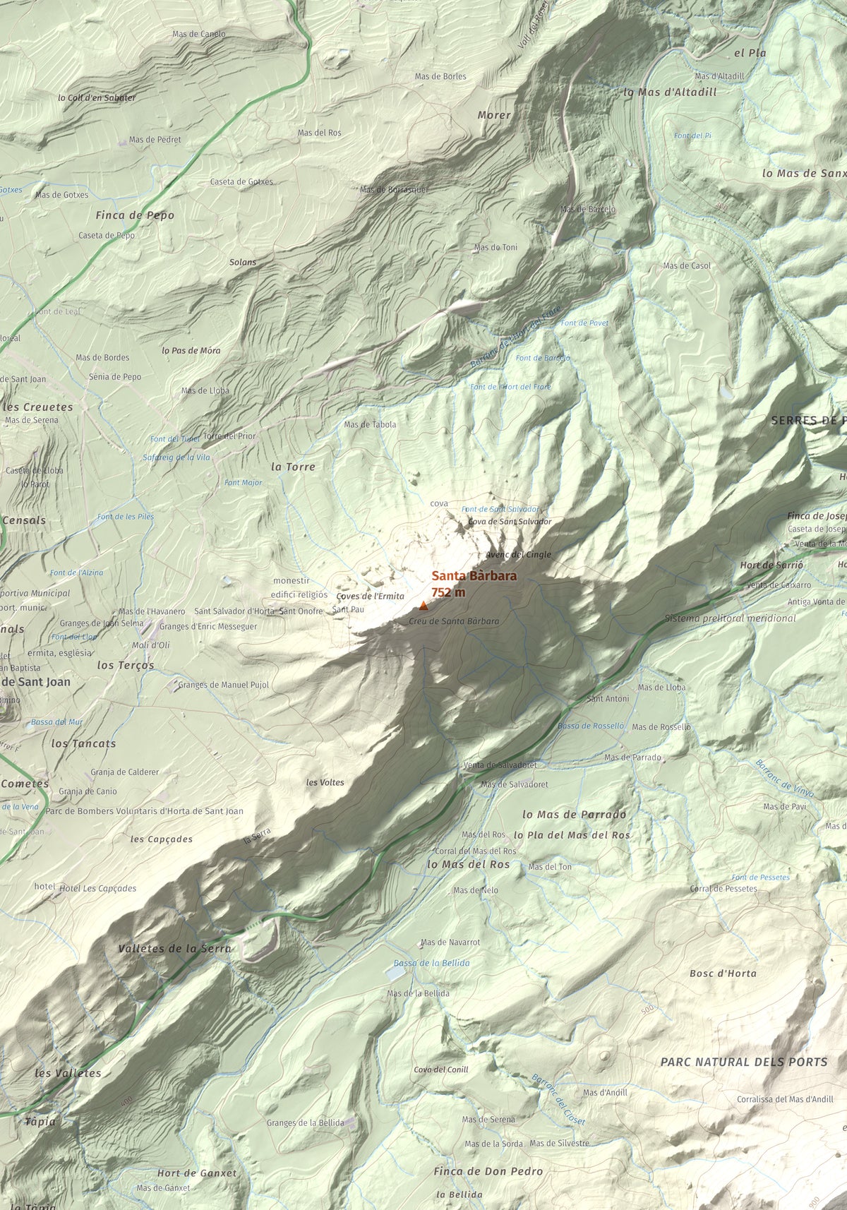 Mapa de relieve de Santa Bàrbara, 752 m, Terra Alta, lámina 100 Cims de Trobart. Detalle de la zona central. 70 × 100 cm.