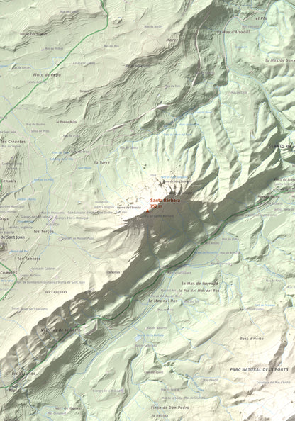 Mapa de relieve de Santa Bàrbara, 752 m, Terra Alta, lámina 100 Cims de Trobart. Detalle de la zona central. 70 × 100 cm.