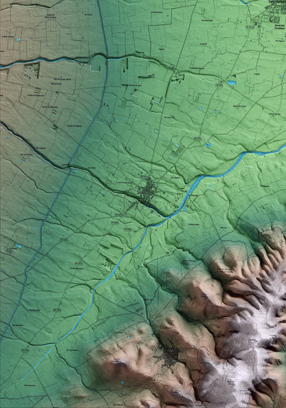 Mapa artístico del relieve de Santa Bàrbara, al Montsià, con 15 km de entorno y base topográfica ICGC. Detalle de la zona inferior izquierda.