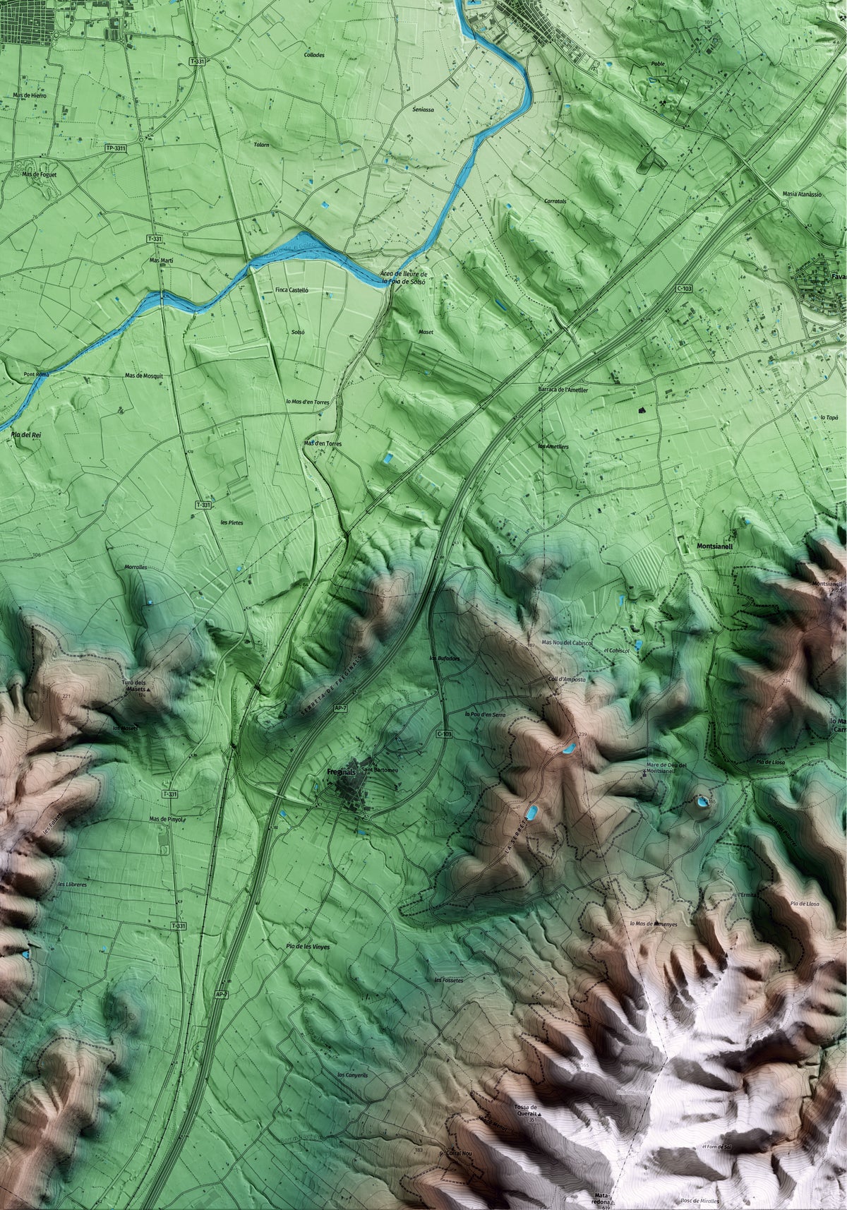 Mapa artístico del relieve de Santa Bàrbara, al Montsià, con 15 km de entorno y base topográfica ICGC. Detalle de la zona inferior derecha.