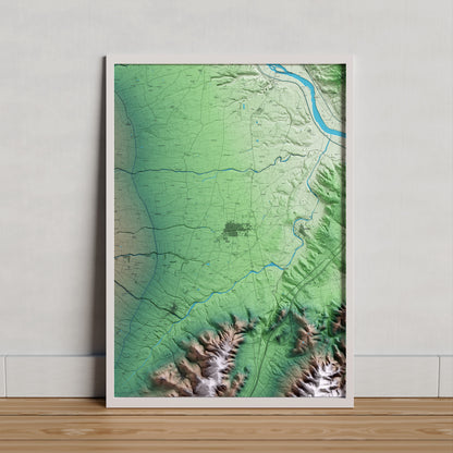 Mapa artístico del relieve de Santa Bàrbara, al Montsià, con 15 km de entorno y base topográfica ICGC. Presentación enmarcada.