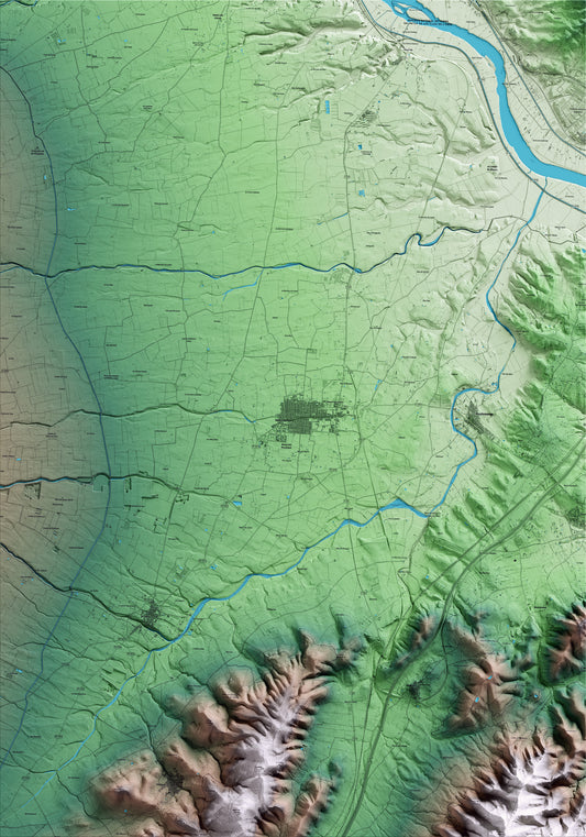Mapa artístico del relieve de Santa Bàrbara, al Montsià, con 15 km de entorno y base topográfica ICGC