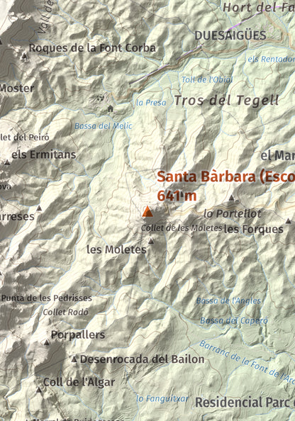 Mapa de relieve de Santa Bàrbara (Escornalbou), 641 m, Baix Camp, lámina 100 Cims de Trobart. Detalle de la zona central. 21 × 30 cm.