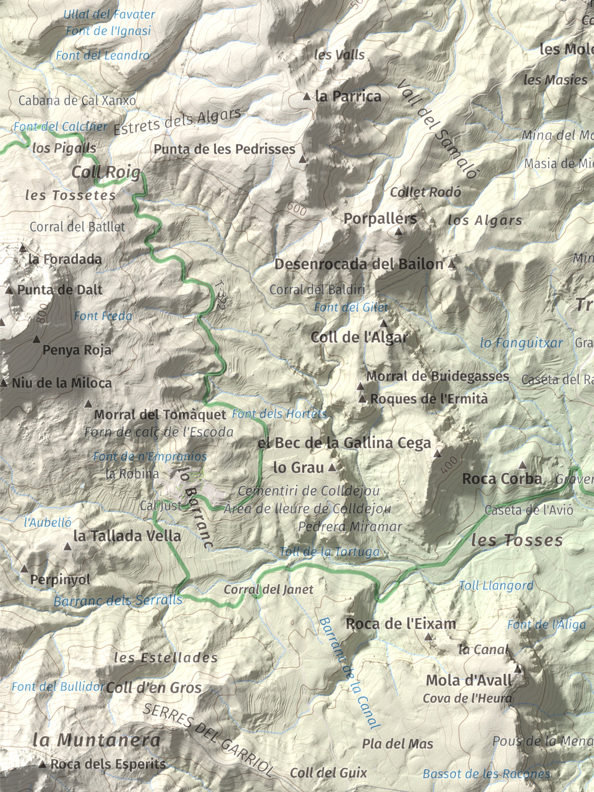 Mapa de relieve de Santa Bàrbara (Escornalbou), 641 m, Baix Camp, lámina 100 Cims de Trobart. Detalle de la zona inferior izquierda. 30 × 40 cm.