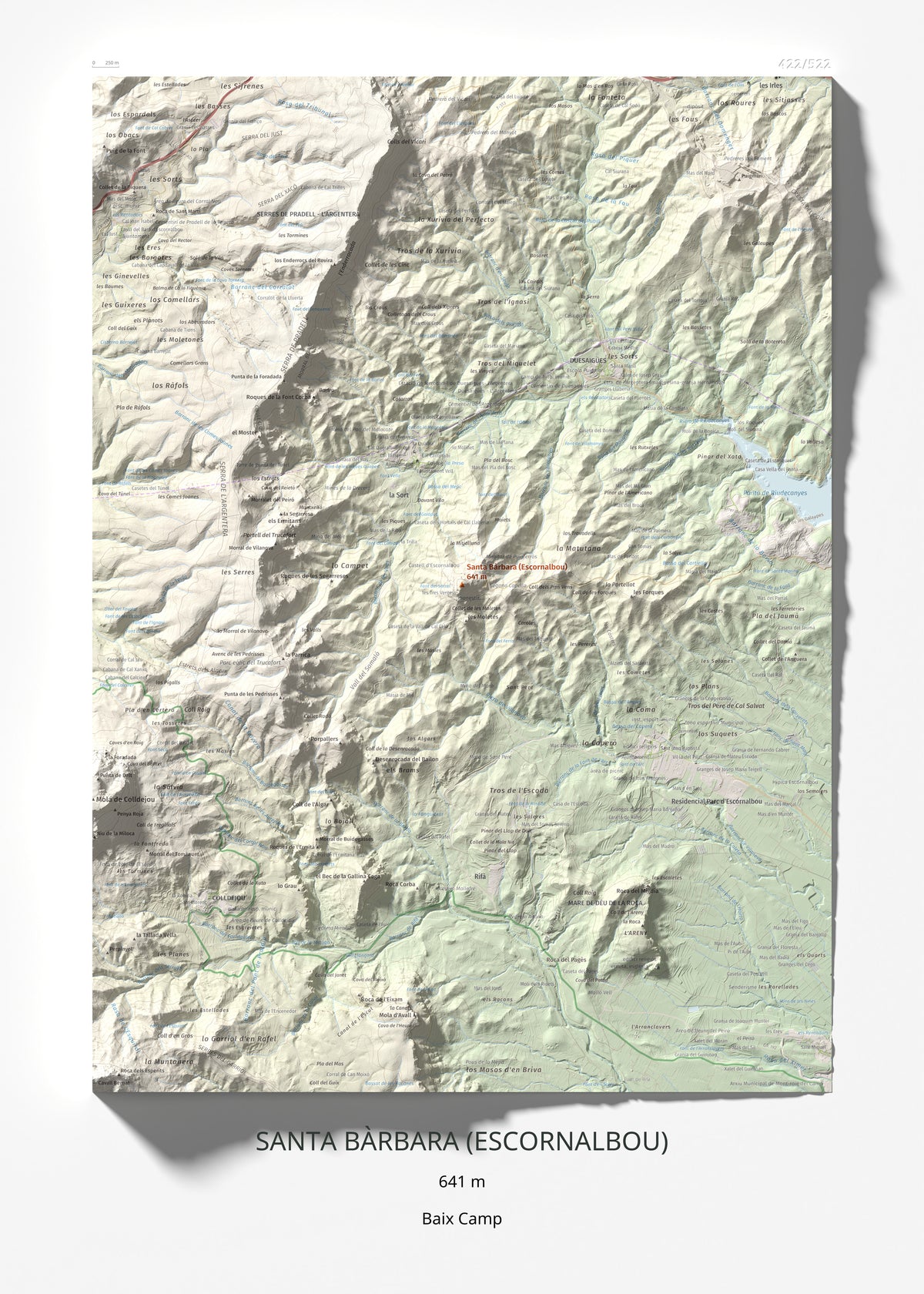 Mapa de relieve de Santa Bàrbara (Escornalbou), 641 m, Baix Camp, lámina 100 Cims de Trobart 50 × 70 cm.