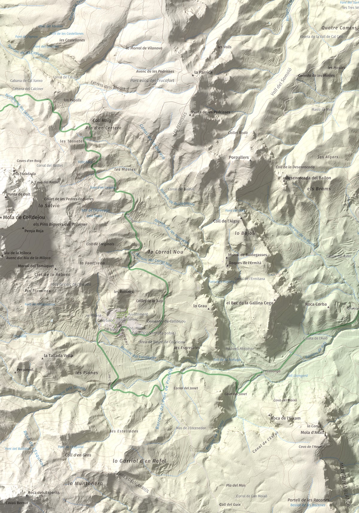 Mapa de relieve de Santa Bàrbara (Escornalbou), 641 m, Baix Camp, lámina 100 Cims de Trobart. Detalle de la zona inferior izquierda. 70 × 100 cm.