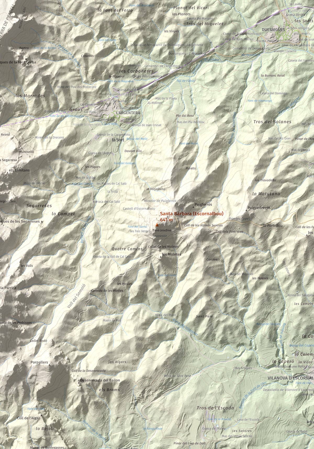 Mapa de relieve de Santa Bàrbara (Escornalbou), 641 m, Baix Camp, lámina 100 Cims de Trobart. Detalle de la zona central. 70 × 100 cm.