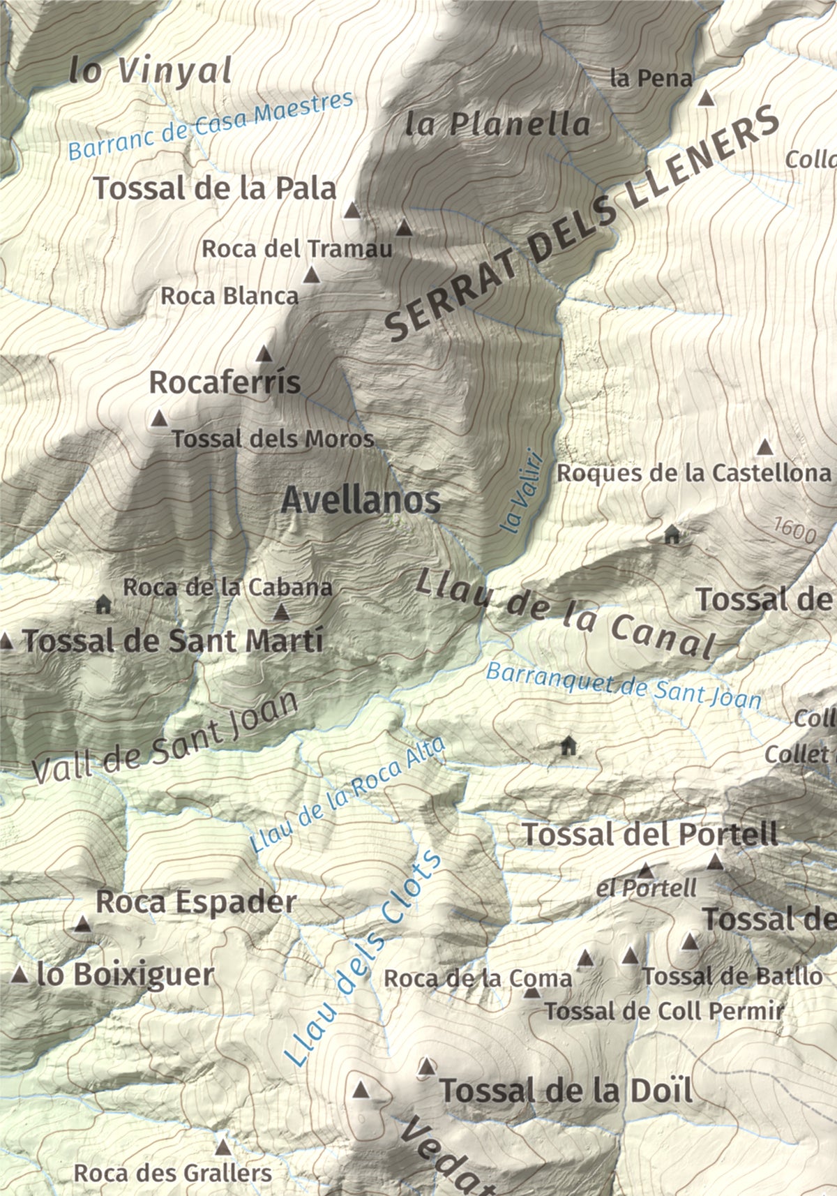 Mapa de relieve de Santa Bàrbara (Vall Fosca), 1613 m, Pallars Jussà, lámina 100 Cims de Trobart. Detalle de la zona superior izquierda. 21 × 30 cm.