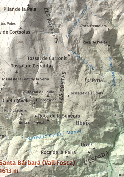 Mapa de relieve de Santa Bàrbara (Vall Fosca), 1613 m, Pallars Jussà, lámina 100 Cims de Trobart. Detalle de la zona superior derecha. 21 × 30 cm.