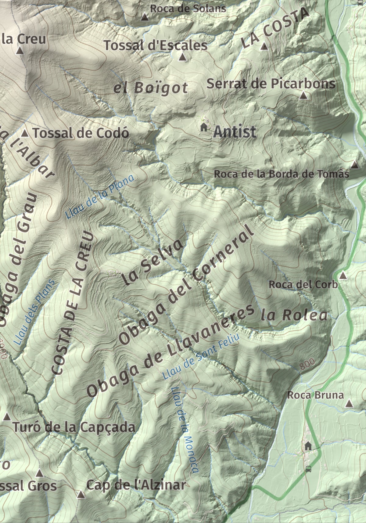 Mapa de relieve de Santa Bàrbara (Vall Fosca), 1613 m, Pallars Jussà, lámina 100 Cims de Trobart. Detalle de la zona inferior derecha. 21 × 30 cm.