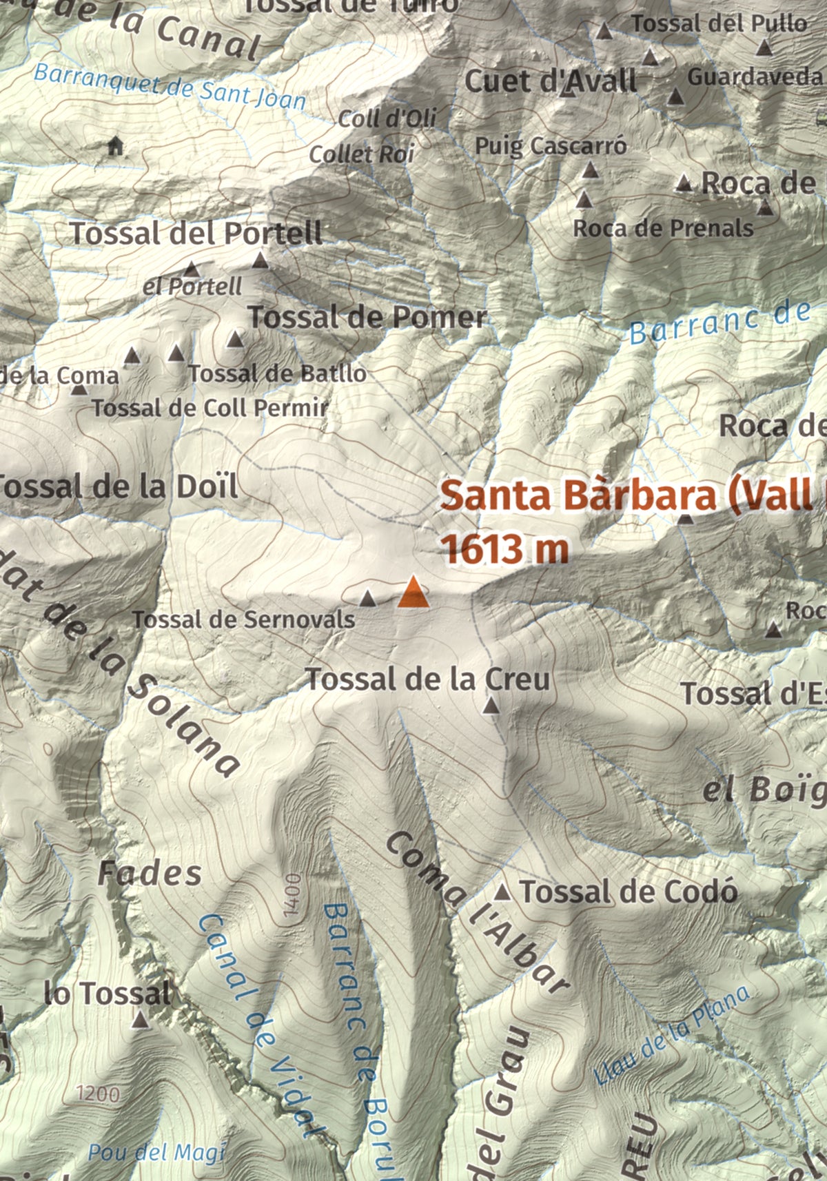 Mapa de relieve de Santa Bàrbara (Vall Fosca), 1613 m, Pallars Jussà, lámina 100 Cims de Trobart. Detalle de la zona central. 21 × 30 cm.