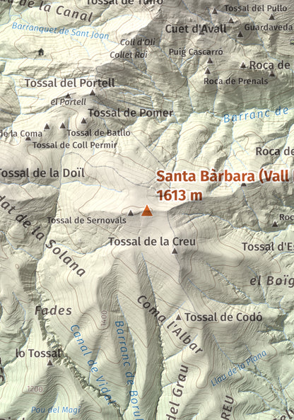 Mapa de relieve de Santa Bàrbara (Vall Fosca), 1613 m, Pallars Jussà, lámina 100 Cims de Trobart. Detalle de la zona central. 21 × 30 cm.
