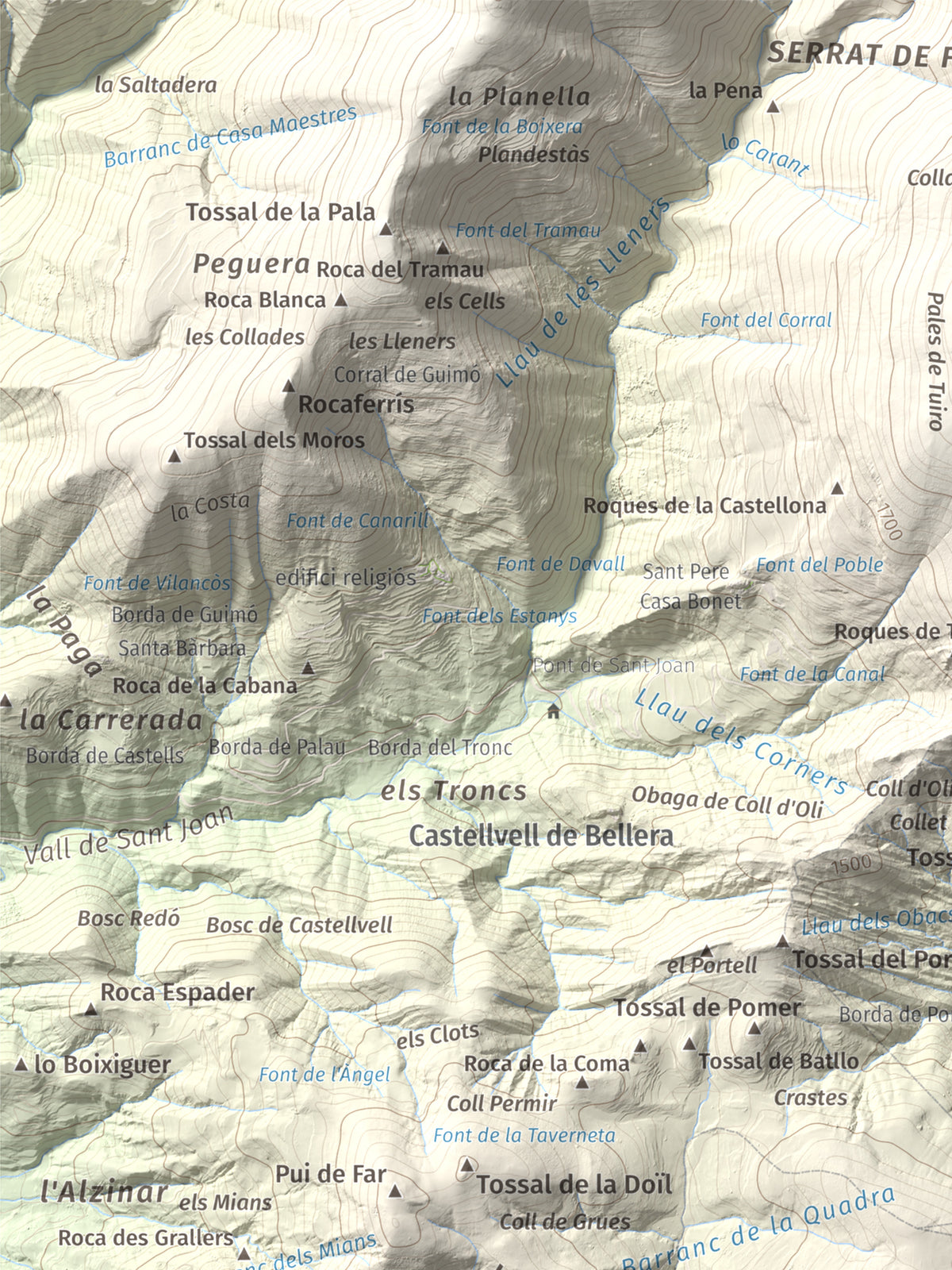 Mapa de relieve de Santa Bàrbara (Vall Fosca), 1613 m, Pallars Jussà, lámina 100 Cims de Trobart. Detalle de la zona superior izquierda. 30 × 40 cm.
