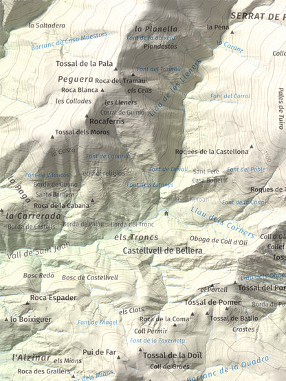 Mapa de relieve de Santa Bàrbara (Vall Fosca), 1613 m, Pallars Jussà, lámina 100 Cims de Trobart. Detalle de la zona superior izquierda. 30 × 40 cm.