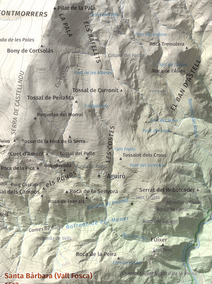 Mapa de relieve de Santa Bàrbara (Vall Fosca), 1613 m, Pallars Jussà, lámina 100 Cims de Trobart. Detalle de la zona superior derecha. 30 × 40 cm.