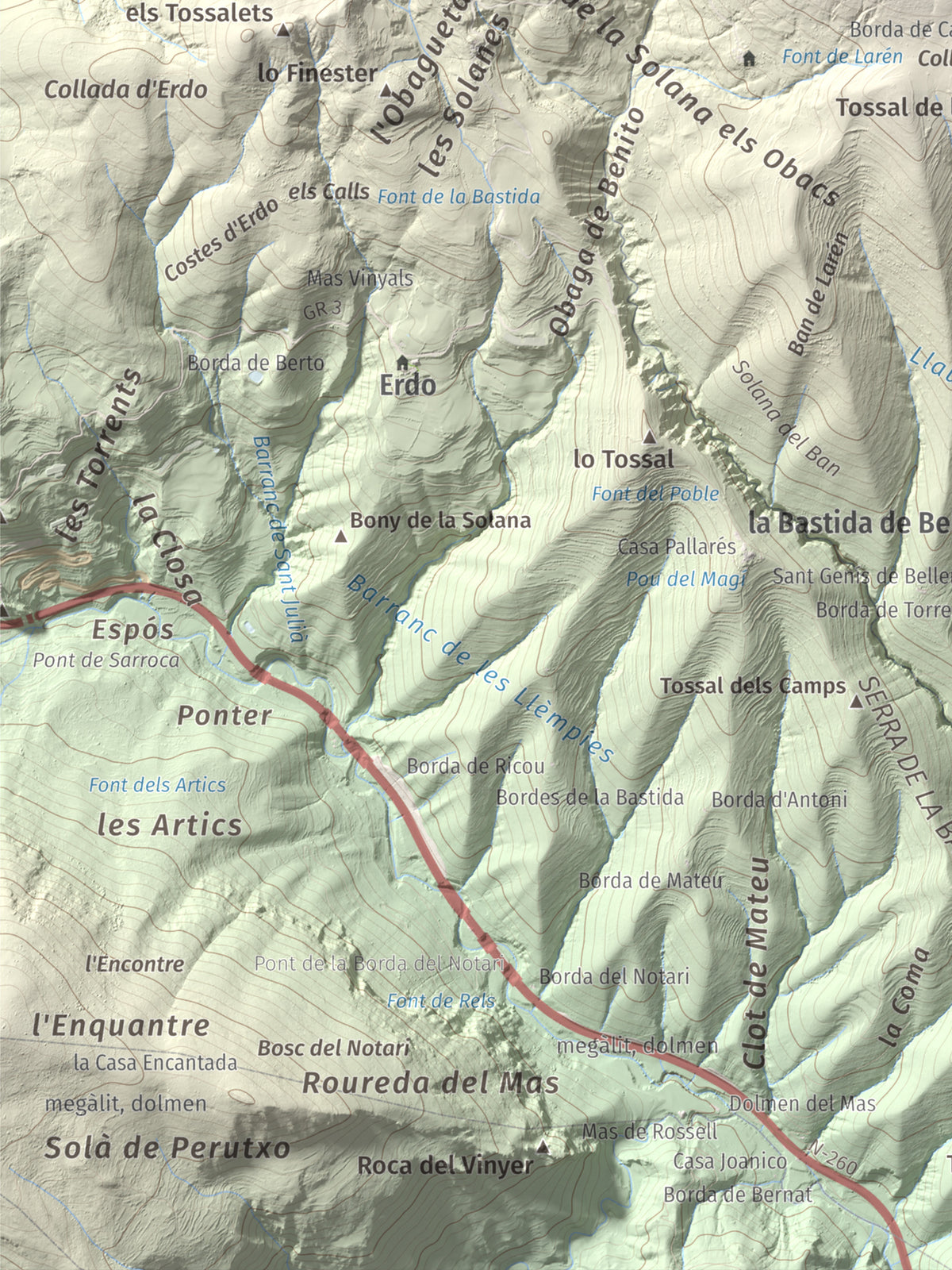 Mapa de relieve de Santa Bàrbara (Vall Fosca), 1613 m, Pallars Jussà, lámina 100 Cims de Trobart. Detalle de la zona inferior izquierda. 30 × 40 cm.