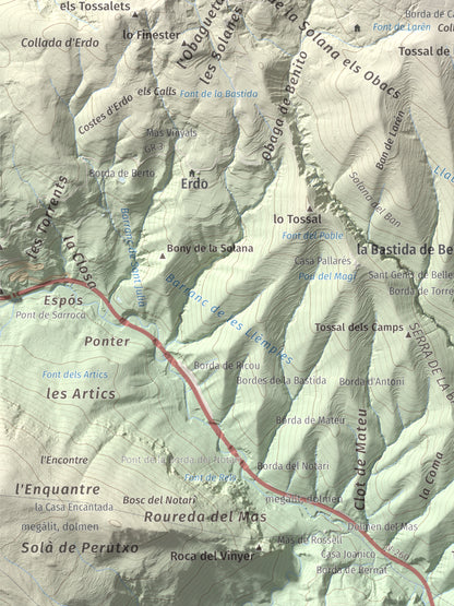Mapa de relieve de Santa Bàrbara (Vall Fosca), 1613 m, Pallars Jussà, lámina 100 Cims de Trobart. Detalle de la zona inferior izquierda. 30 × 40 cm.