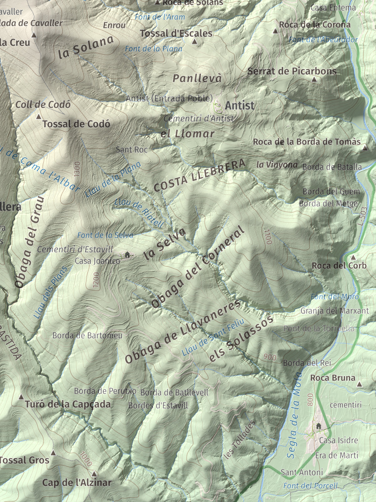 Mapa de relieve de Santa Bàrbara (Vall Fosca), 1613 m, Pallars Jussà, lámina 100 Cims de Trobart. Detalle de la zona inferior derecha. 30 × 40 cm.