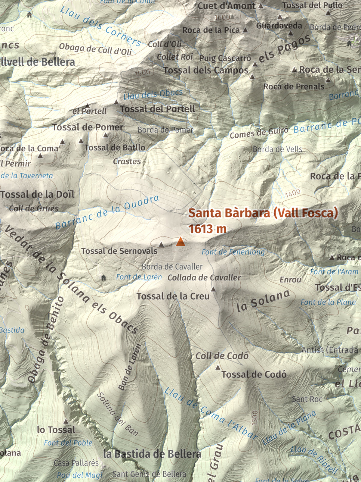 Mapa de relieve de Santa Bàrbara (Vall Fosca), 1613 m, Pallars Jussà, lámina 100 Cims de Trobart. Detalle de la zona central. 30 × 40 cm.