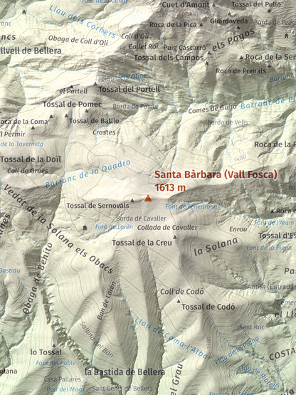 Mapa de relieve de Santa Bàrbara (Vall Fosca), 1613 m, Pallars Jussà, lámina 100 Cims de Trobart. Detalle de la zona central. 30 × 40 cm.