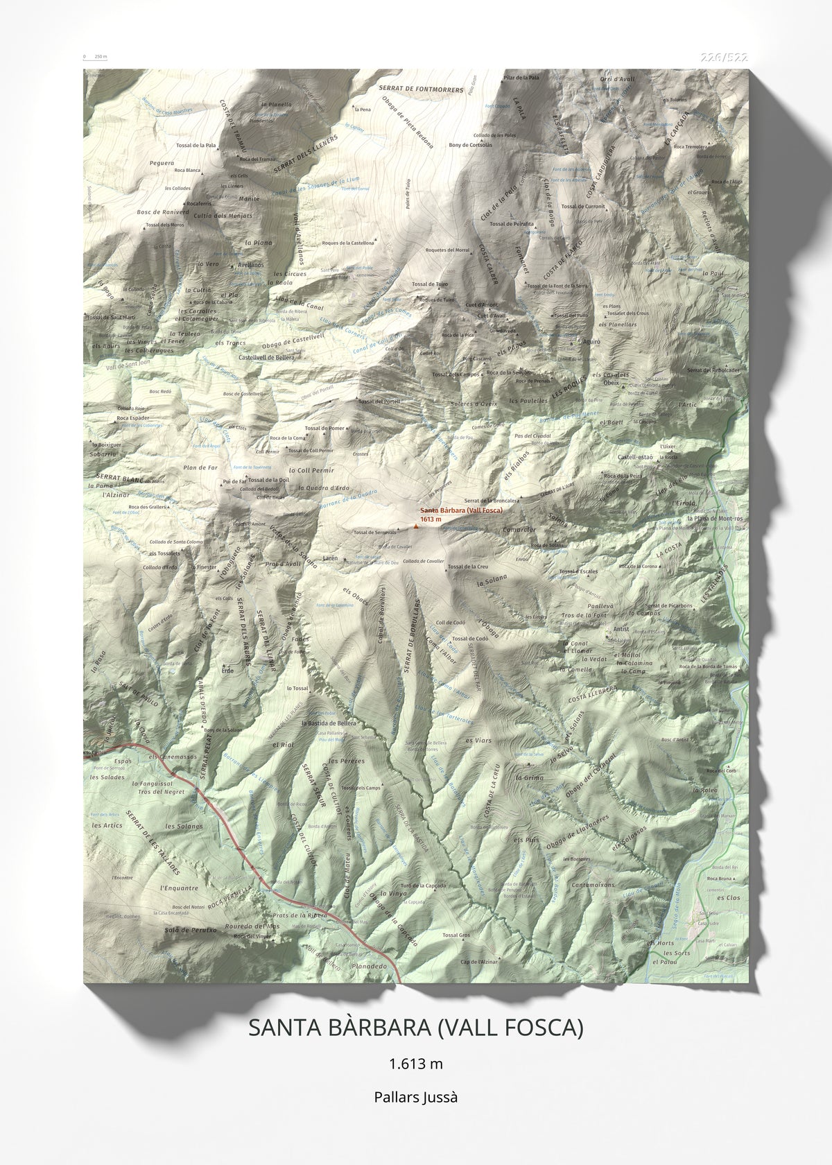 Mapa de relieve de Santa Bàrbara (Vall Fosca), 1613 m, Pallars Jussà, lámina 100 Cims de Trobart 50 × 70 cm.