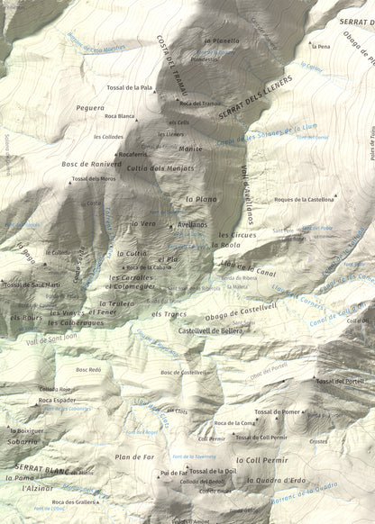 Mapa de relieve de Santa Bàrbara (Vall Fosca), 1613 m, Pallars Jussà, lámina 100 Cims de Trobart. Detalle de la zona superior izquierda. 50 × 70 cm.