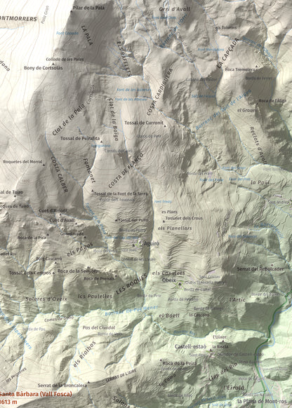Mapa de relieve de Santa Bàrbara (Vall Fosca), 1613 m, Pallars Jussà, lámina 100 Cims de Trobart. Detalle de la zona superior derecha. 50 × 70 cm.