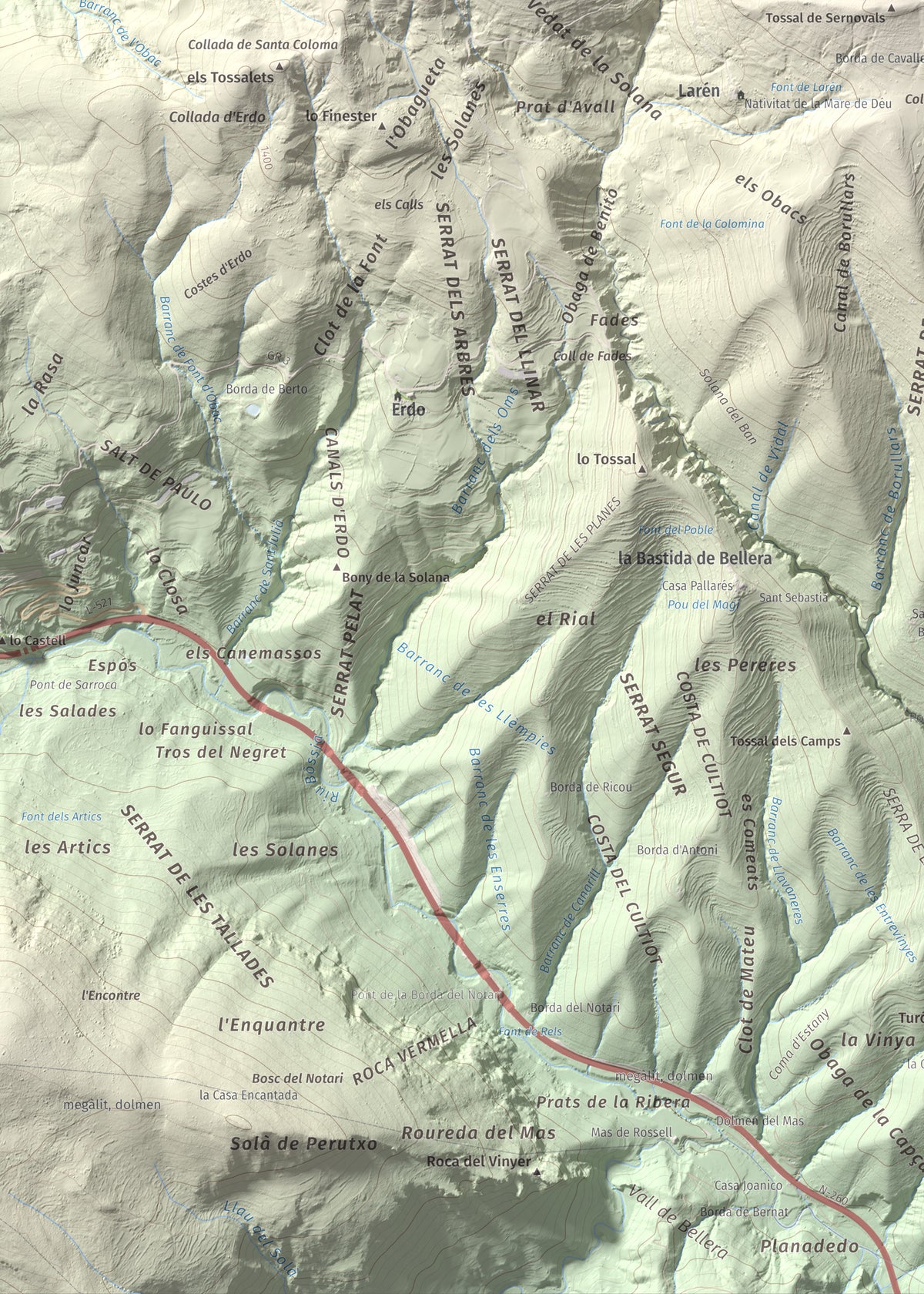Mapa de relieve de Santa Bàrbara (Vall Fosca), 1613 m, Pallars Jussà, lámina 100 Cims de Trobart. Detalle de la zona inferior izquierda. 50 × 70 cm.