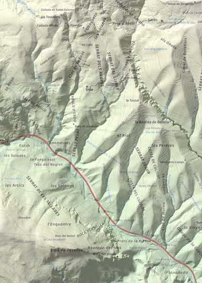 Mapa de relieve de Santa Bàrbara (Vall Fosca), 1613 m, Pallars Jussà, lámina 100 Cims de Trobart. Detalle de la zona inferior izquierda. 50 × 70 cm.