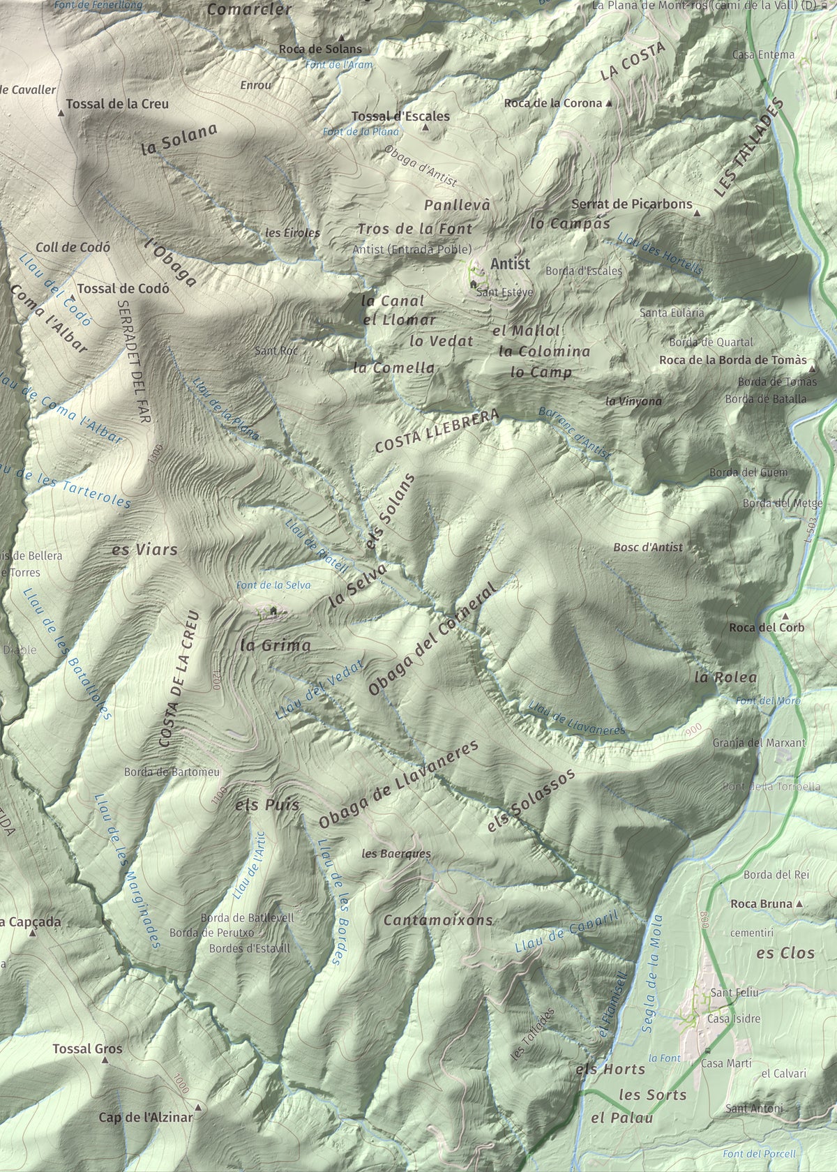 Mapa de relieve de Santa Bàrbara (Vall Fosca), 1613 m, Pallars Jussà, lámina 100 Cims de Trobart. Detalle de la zona inferior derecha. 50 × 70 cm.